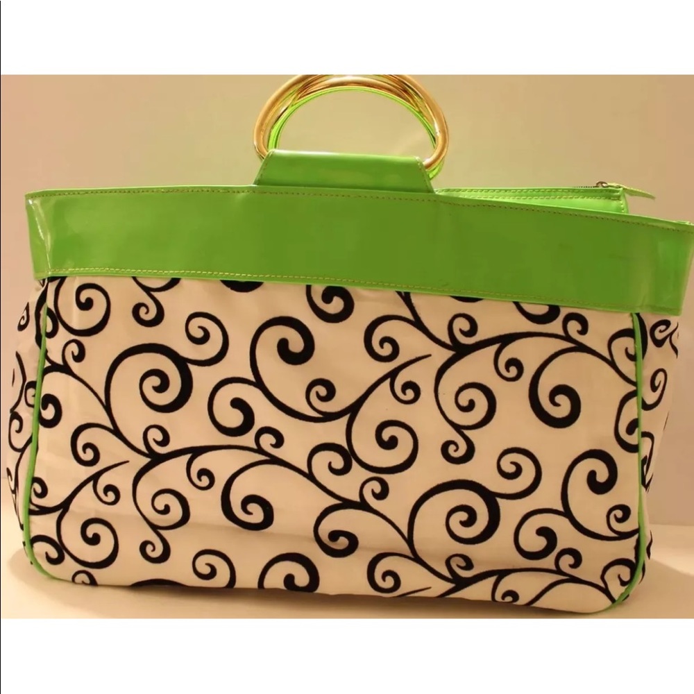 2/$20 Black White Scroll Print With Lime Green Patent Leather Accent Hand Bag